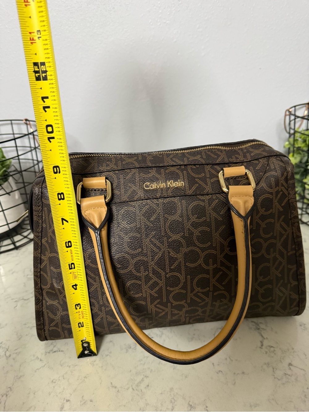 Calvin Klein Brown Monogram Satchel with Tan Handles - Picture 3 of 6